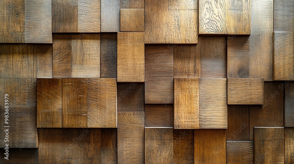 A wall composed of many different shades of brown wood, arranged in a pattern of rectangles and squares. A wall composed of many different shades of brown wood, arranged in a pattern of rectangles and squares.