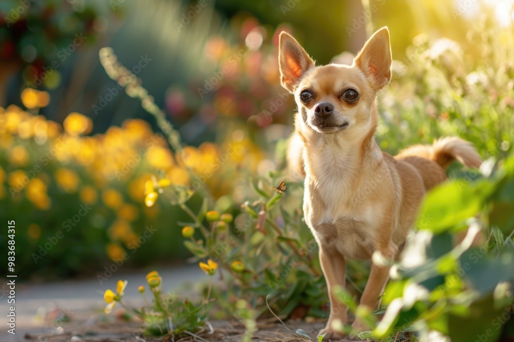 Adorable chihuahua in sunlit garden with vibrant yellow flowers AI Adorable chihuahua in sunlit garden with vibrant yellow flowers AI