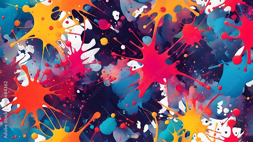 Abstract splatters of paint in random yet organized patterns, forming a high-quality design with sharp edges and smooth gradient colors Abstract splatters of paint in random yet organized patterns, forming a high-quality design with sharp edges and smooth gradient colors