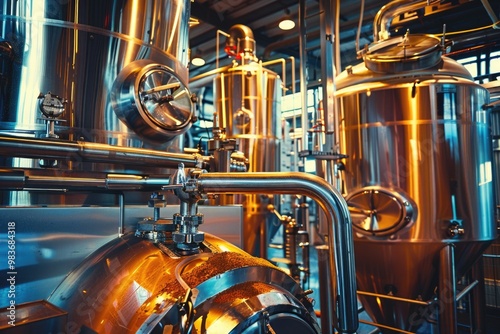 Intricate beer brewing process in a modern brewery setting AI