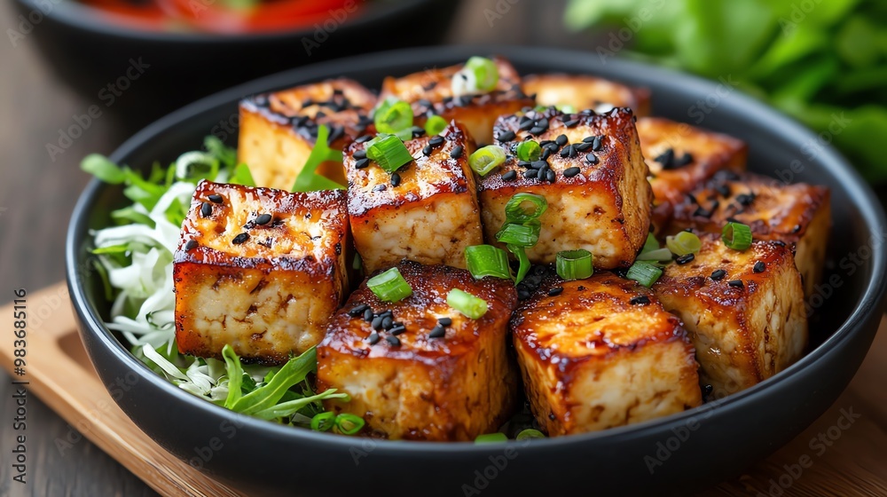Close-up of crispy fried tofu cubes with sesame seeds and green onions. Close-up of crispy fried tofu cubes with sesame seeds and green onions.