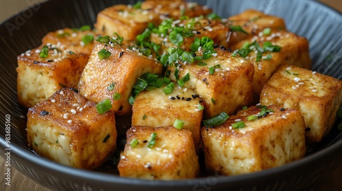 Closeup of crispy fried tofu cubes with green onions and sesame seeds in a black bowl.