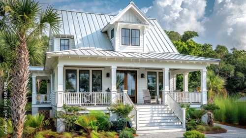 Modern coastal cottage in Seagate, North Carolina, featuring a white-painted metal roof, large front porch, and lush landscaping with palm trees and evergreen bushes. photo