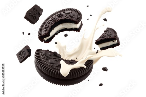 Dynamic image of tasty chocolate sandwich cookies bursting into a splash of creamy milk, creating a sense of delight and indulgence. photo