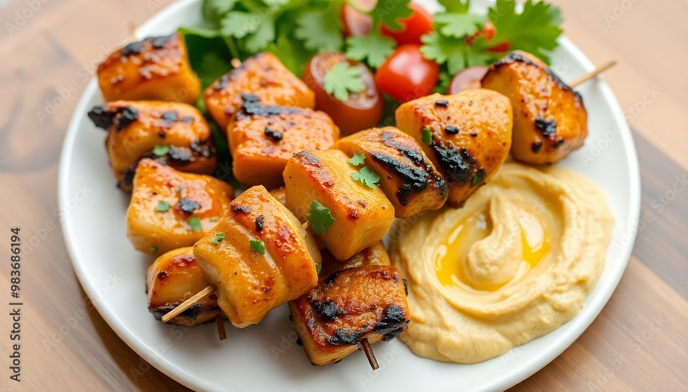 plate of tender chicken kebabs with a side of hummus. plate of tender chicken kebabs with a side of hummus.