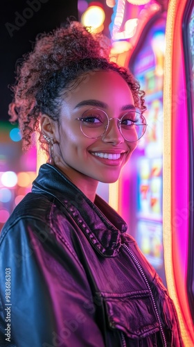 Woman posing next to a slot machine, showing off her lucky win with a smile