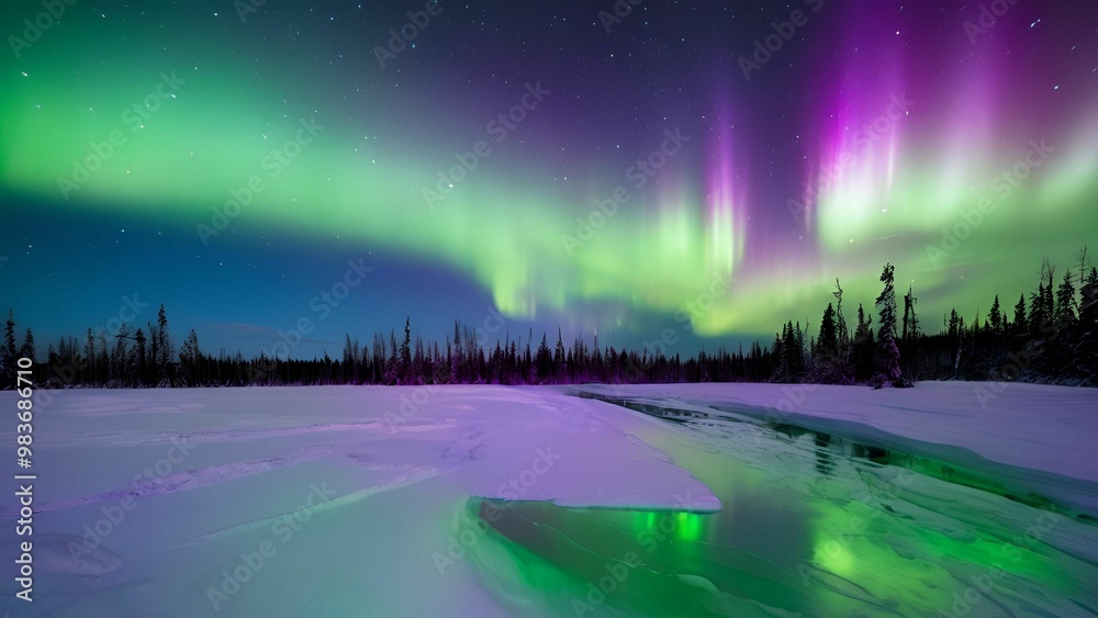 Winter Night Sky with Northern Lights background: A dark, clear winter night with brilliant northern lights, Generative AI
