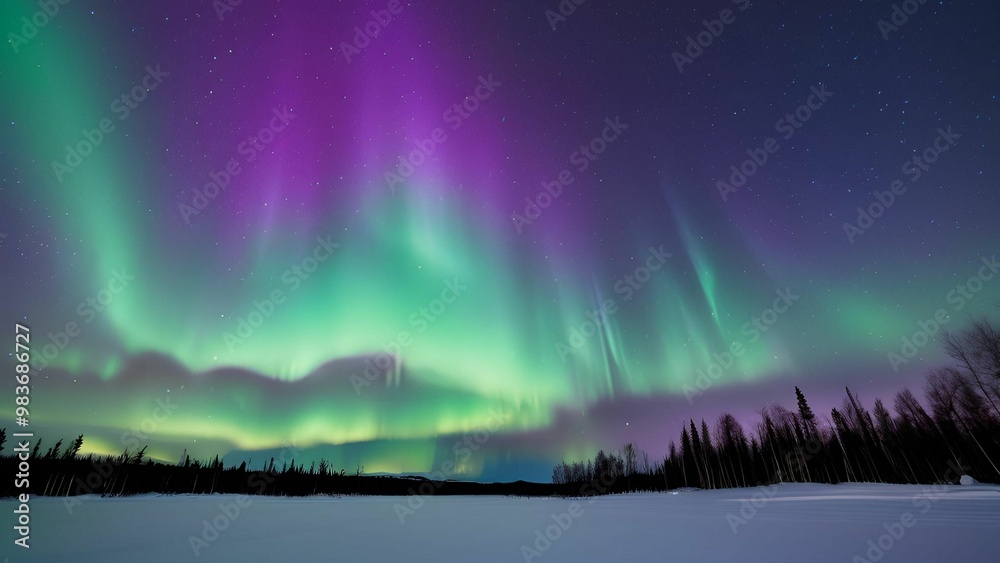 Winter Night Sky with Northern Lights background: A dark, clear winter night with brilliant northern lights, Generative AI