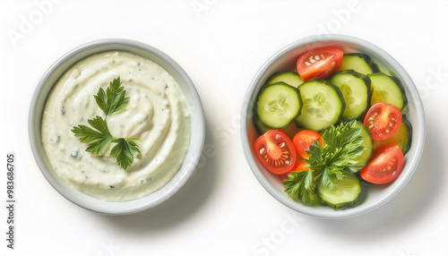 A bowl with white mayonnaise dip, side and top view, flat lays, food bundle, isolated on a white background By fajrulisme