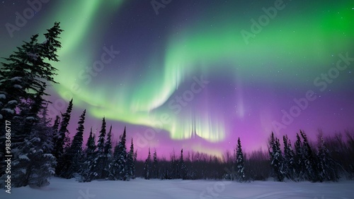 Wallpaper Mural Winter Night Sky with Northern Lights background: A dark, clear winter night with brilliant northern lights, Generative AI Torontodigital.ca