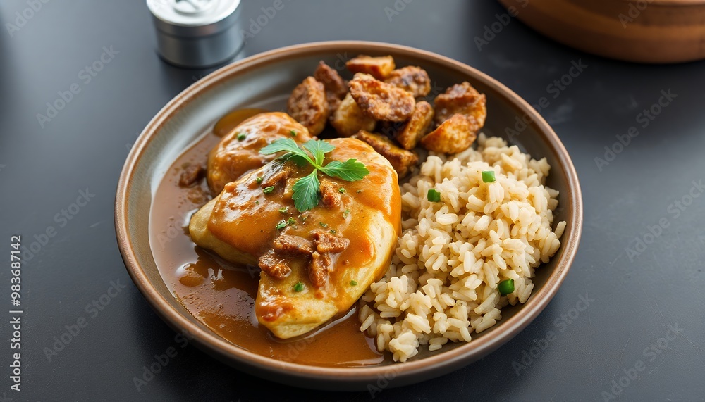 plate of tender chicken marsala with a side of wild rice. plate of tender chicken marsala with a side of wild rice.