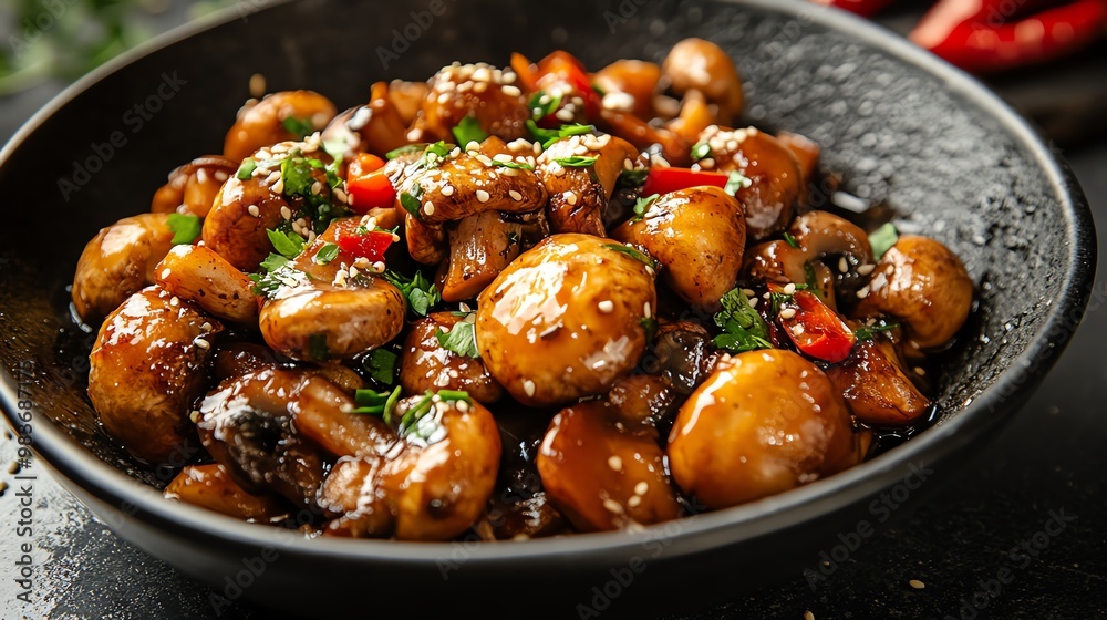 Close-up of a black bowl filled with sauteed mushrooms with sesame seeds and chili peppers. Close-up of a black bowl filled with sauteed mushrooms with sesame seeds and chili peppers.