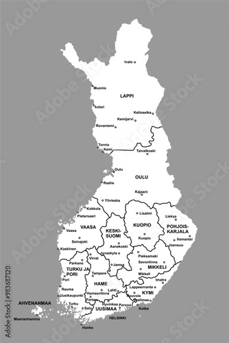 Map of the Republic of Finland with detailed territorial boundaries and region descriptions, in white isolated on a gray background. Editable and scalable EPS format