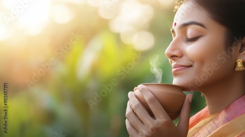 Indian woman drinking herbal tea in a serene garden, focusing on natural health and wellness photo