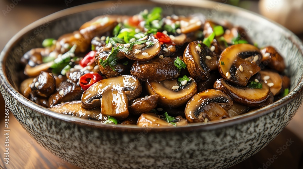 Close-up of a bowl of sauteed mushrooms with sesame seeds and chili flakes. Close-up of a bowl of sauteed mushrooms with sesame seeds and chili flakes.