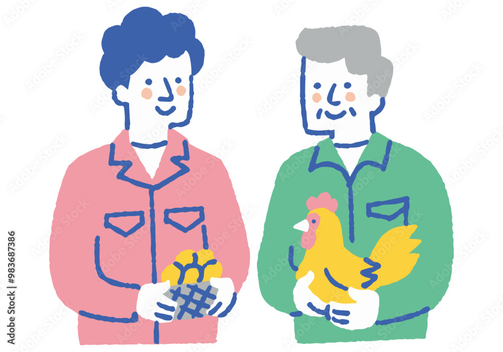 Fototapeta premium Man in work clothes holding eggs and chickens_Color