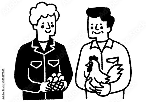 Man in work clothes holding eggs and chickens_2
