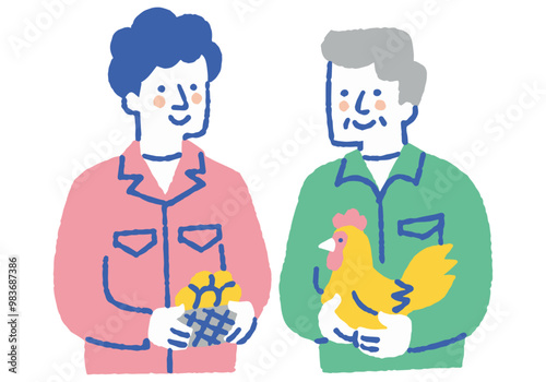 Man in work clothes holding eggs and chickens_Color