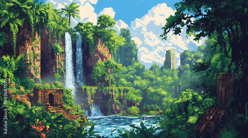A vibrant pixel art landscape depicting a lush jungle, reminiscent of ...