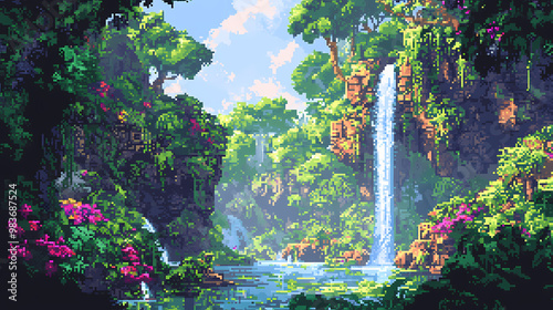 A vibrant pixel art landscape depicting a lush jungle, reminiscent of classic platformers, with hidden temples and waterfalls , high resolution dslr. Pixel Art. Illustration