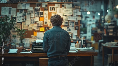 A person stands before a cluttered workspace with a typewriter.