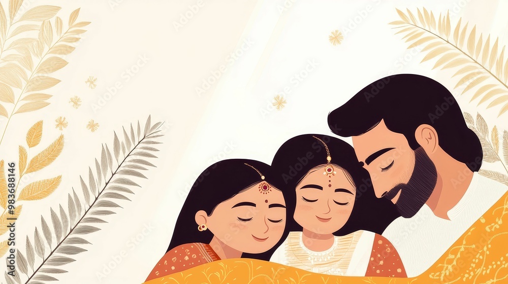 Indian family sleeping together in a cozy room with traditional Indian art and patterns adorning the walls Indian family sleeping together in a cozy room with traditional Indian art and patterns adorning the walls