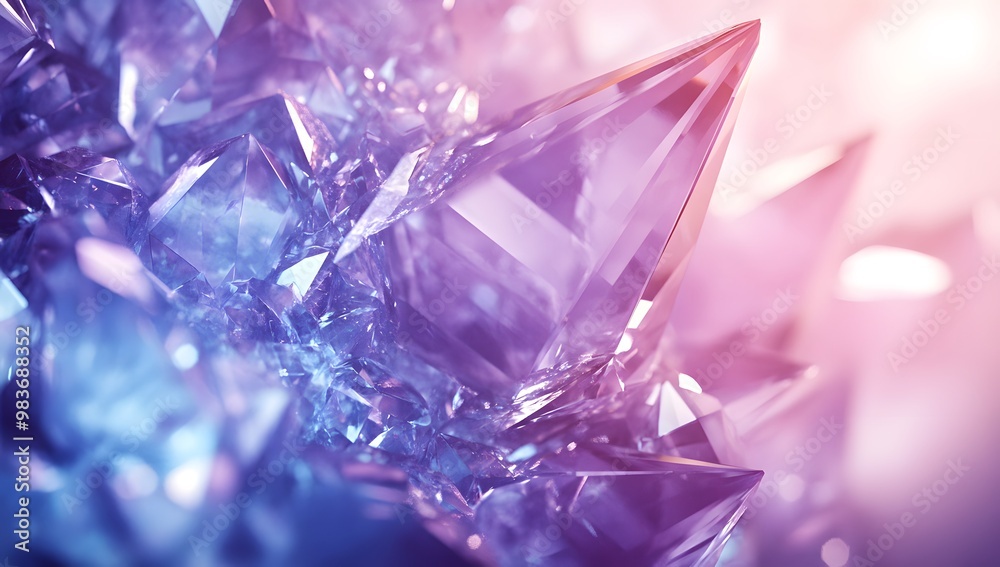 A close-up of an abstract crystal background with rays and glow, featuring purple tones and light blue hues. A close-up of an abstract crystal background with rays and glow, featuring purple tones and light blue hues.