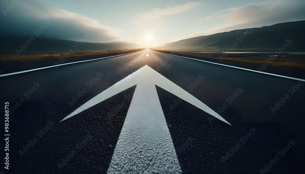 Fototapeta premium A straight road with an arrow painted on it leading to the horizon