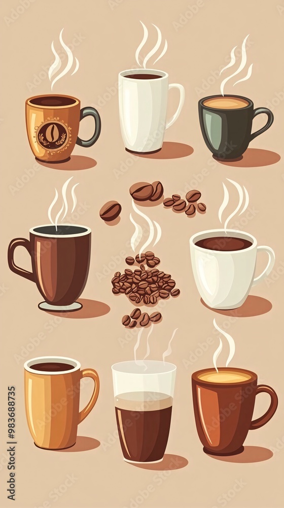 Nine cartoon illustrations of mugs and cups of hot coffee, with steam coming out of them, and some whole coffee beans scattered around. Nine cartoon illustrations of mugs and cups of hot coffee, with steam coming out of them, and some whole coffee beans scattered around.