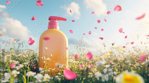 floral-scented laundry detergent bottle in a meadow, with petals floating in the breeze