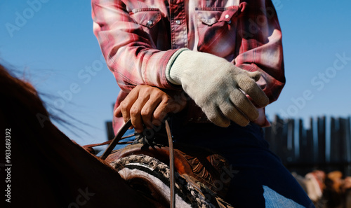 Fotografi Ranch and rodeo lifestyle with man horseback sitting in saddle closeup wearing roping glove
