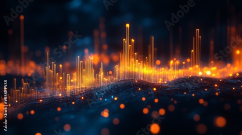 Abstract futuristic data visualization with glowing orange and blue lines representing digital information and analytics.