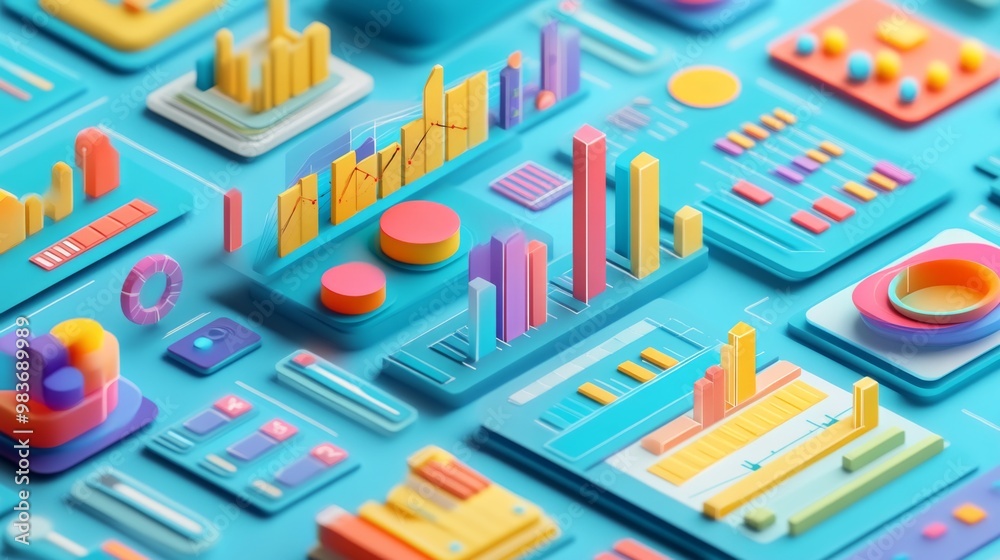 Colorful and vibrant 3D data visualizations on a blue background, perfect for illustrating statistics, analytics, and business insights. Colorful and vibrant 3D data visualizations on a blue background, perfect for illustrating statistics, analytics, and business insights.
