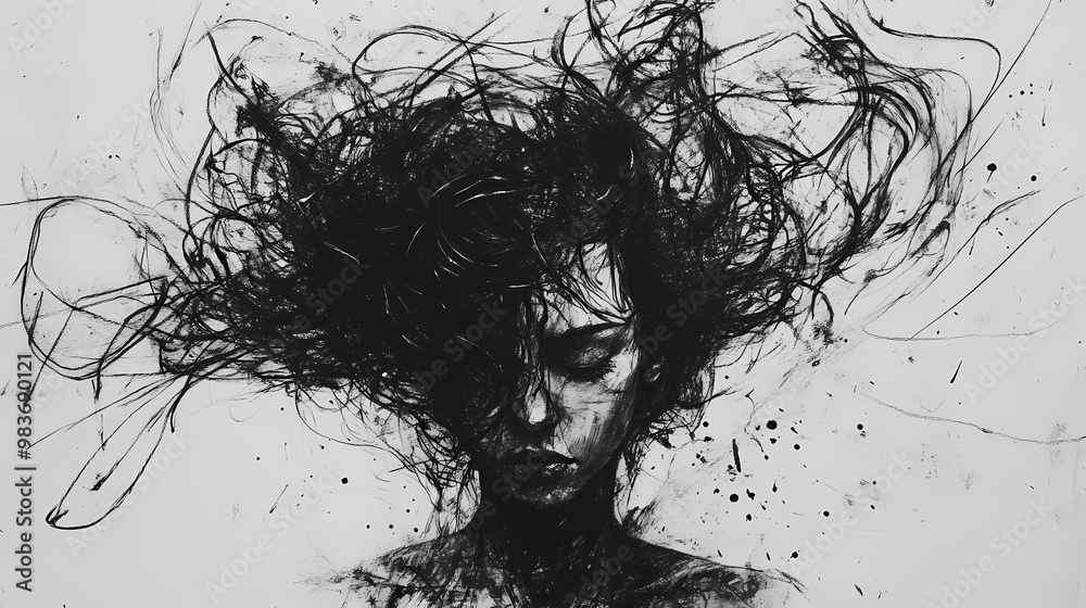 Fototapeta premium A black and white drawing of a person with messy hair. the drawing is very abstract and has a lot of lines. the mood of the drawing is chaotic and disordered. Charcoal Drawing. Illustration