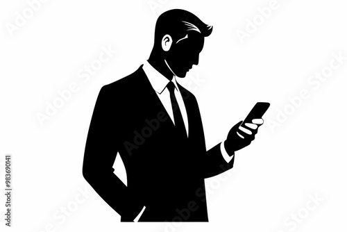 Business man browsing cell phone silhouette, man browsing cell phone vector illustration