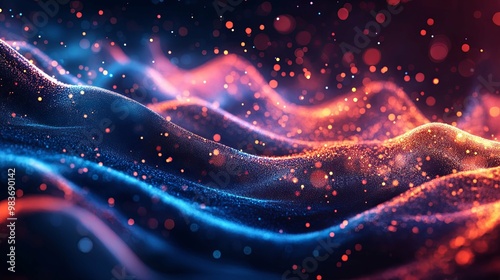 Abstract Wavy Blue and Orange Glowing Particle Background