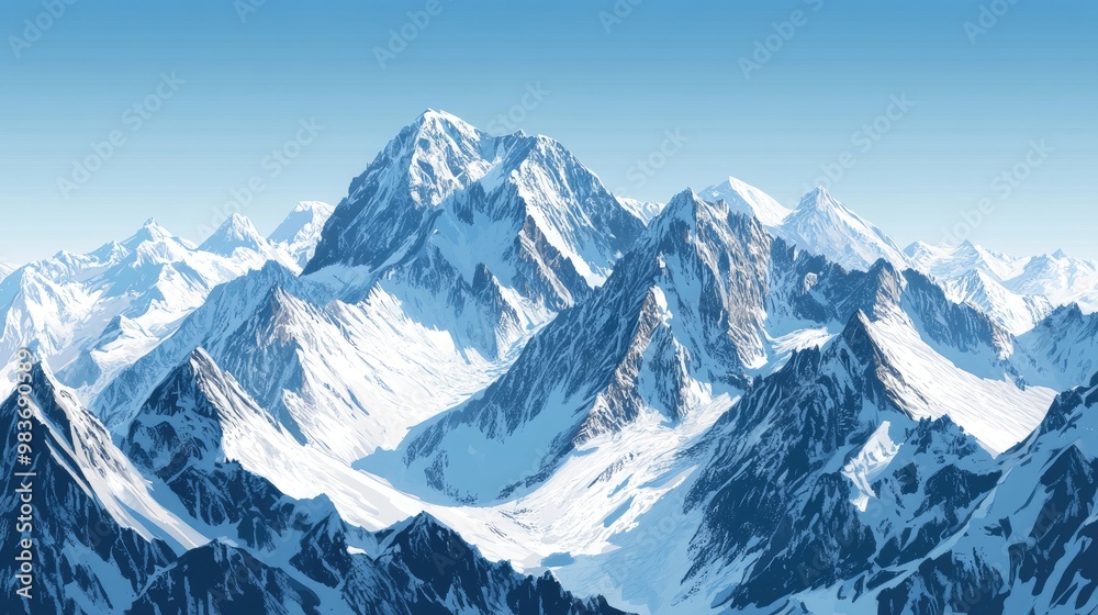 top view of a majestic mountain range, with sharp peaks and snow-covered tops, set against a clear blue sky top view of a majestic mountain range, with sharp peaks and snow-covered tops, set against a clear blue sky