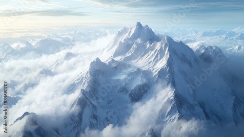 top view of a mountain range covered in snow, sharp peaks rising above the clouds, with a vast sky stretching overhead