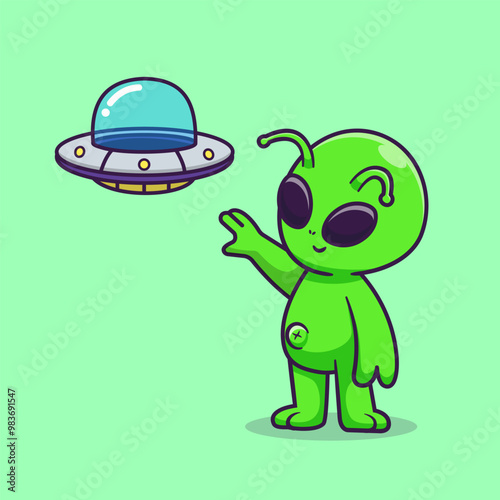 Cute Alien Catching Ufo Spaceship Cartoon Vector Icon
Illustration. Science Technology Icon Concept Isolated 
Premium Vector. Flat Cartoon Style