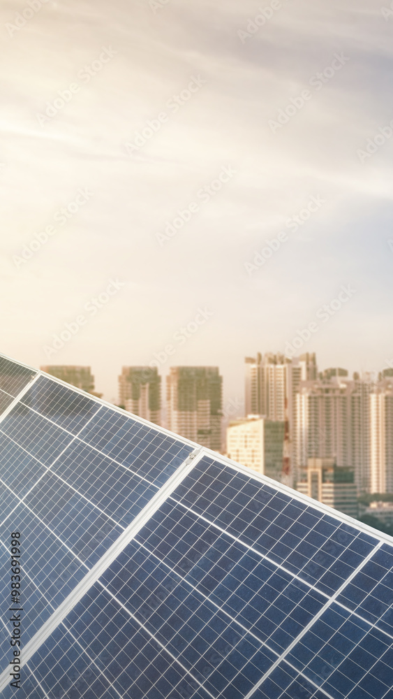 Fototapeta premium A city skyline with a large solar panel or solar cell on top. Photovoltaic module