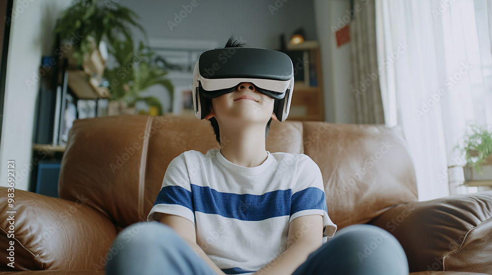 boy enjoys metaverse gaming with a wearable VR headset boy enjoys metaverse gaming with a wearable VR headset