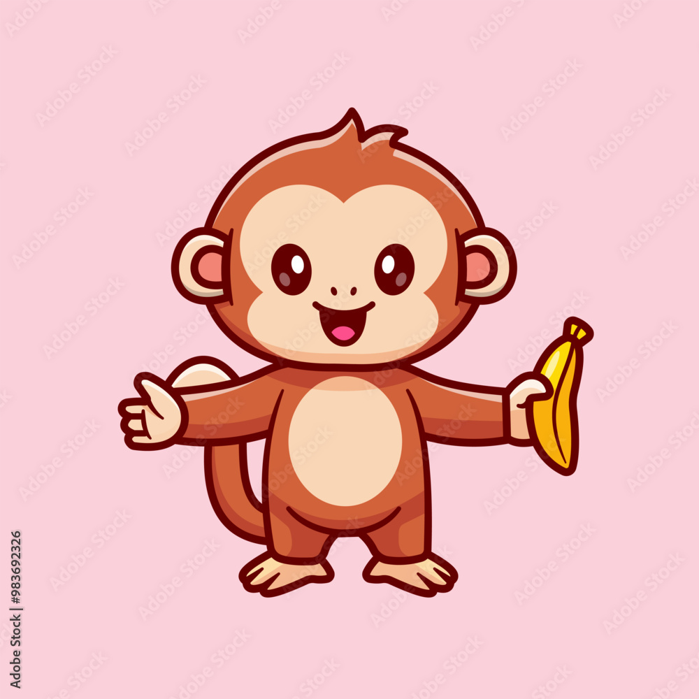Obraz premium Cute Monkey Holding Banana Cartoon Vector Icon Illustration. Animal Food Icon Concept Isolated Premium Vector. Flat Cartoon Style