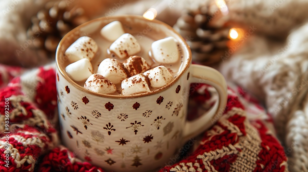 A cup of rich hot chocolate topped with marshmallows and a sprinkle of cocoa powder, served in a festive mug with a cozy blanket in the background A cup of rich hot chocolate topped with marshmallows and a sprinkle of cocoa powder, served in a festive mug with a cozy blanket in the background
