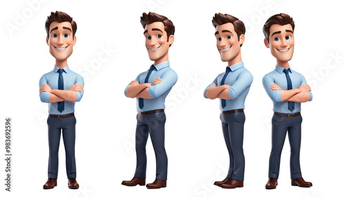 businessman crossed smiling 3d cartoon man standing olated white arms background happy rendering three-dimensional advertising arm avatar beard business businessman cartoon caucasian character