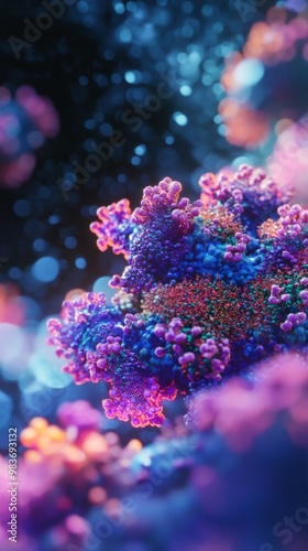 Create a detailed visual of a virus, showcasing its complex structure with vivid colors and intricate details, highlighting its impact in the microscopic world