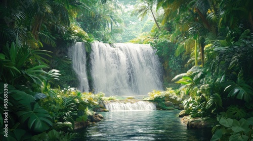 Tranquil Waterfall Surrounded by Lush Tropical Foliage