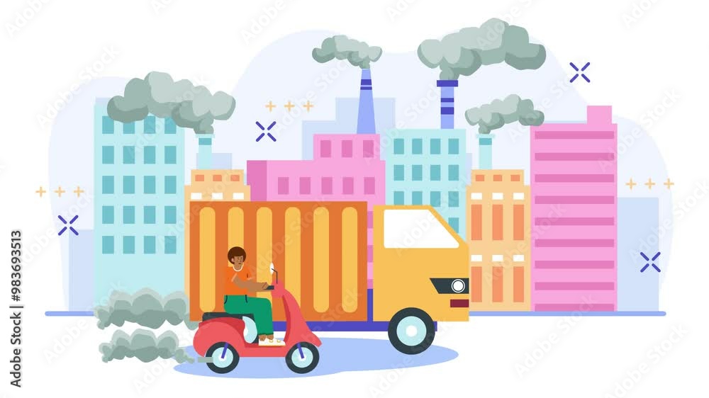 Urban pollution and traffic scene with scooter and truck animated video Urban pollution and traffic scene with scooter and truck animated video