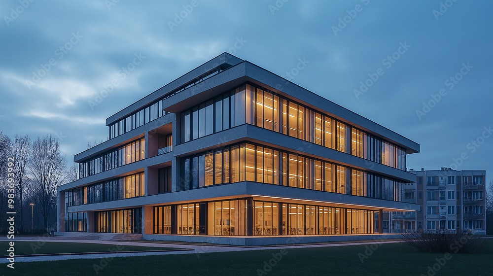 Modern office building exterior glowing at twilight