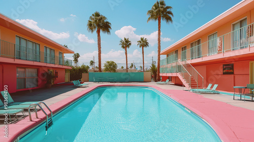 Turquoise swimming pool reflecting palm trees at tropical resort