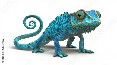 Blue chameleon standing and looking curious on white background